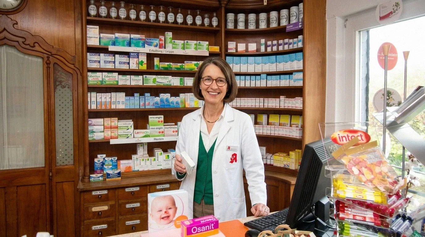 Apothekerin Julia Neumann in heller Apotheke