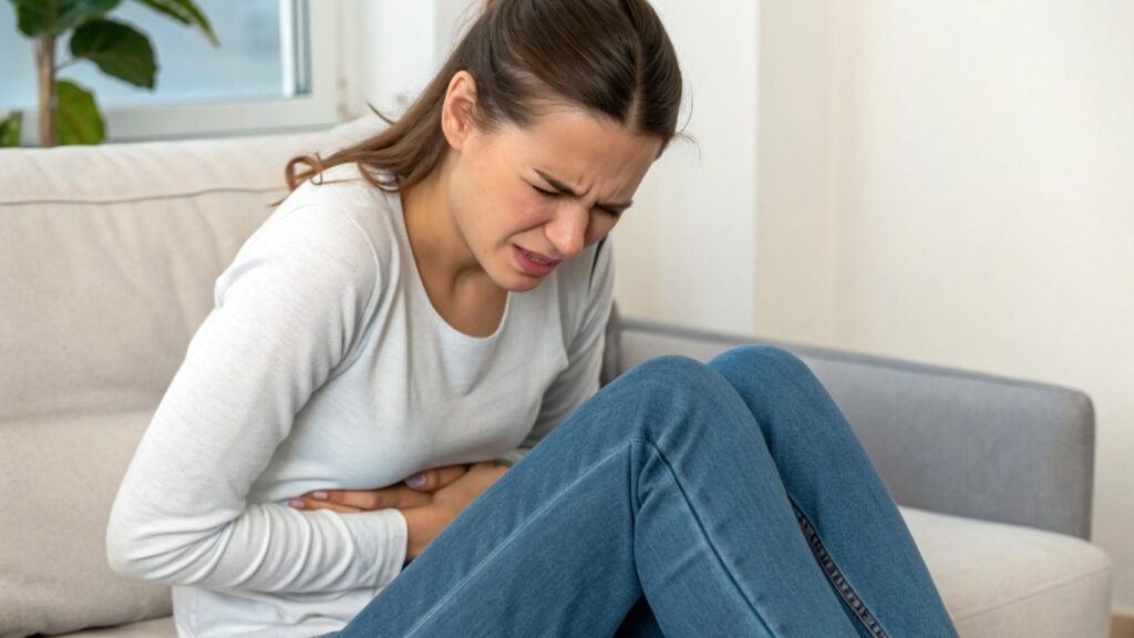 Frau die auf der Couch sitzt und sich krümmt vor Bauchschmerzen